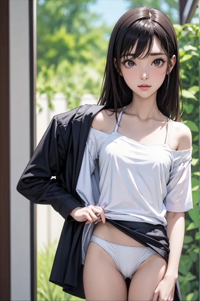 ((masterpiece, best quality)),((high resolution:1.3)), 1 Girl, solo, Cowboy Shot, Blurred Background, (((Small breasts))), Thighs, (underwear), ((lift Shirts:1.3)), Off shoulder