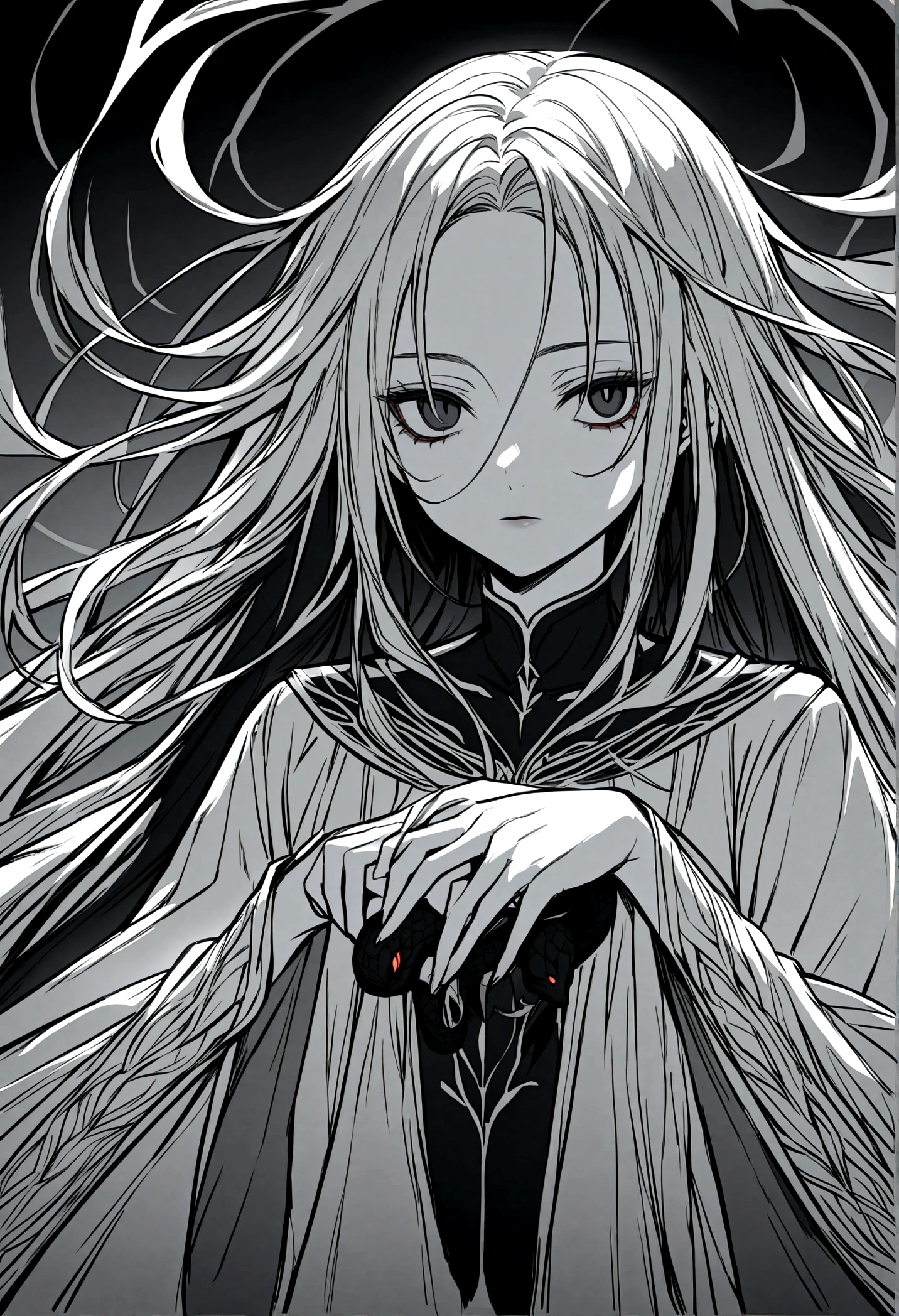 an androgynous-looking man, with long, loose hair. Her hair is a deep black, contrasting with her incredibly pale skin, almost like immaculate porcelain.
Your features are delicate and feminine, with eyes as black as obsidian that seem to penetrate the soul.
He is dressed in a long white silk garment, that flows gracefully around you, further enhancing its ethereal appearance.
In your hands, he holds a black sword, that appears to be made of tangible shadows. The blade exudes an aura of mystery and dark power.
Wrapping around the figure, there is a giant black snake. The snake is imposing, with dark scales and shadowy black eyes, complementing the mysterious and powerful presence of man.