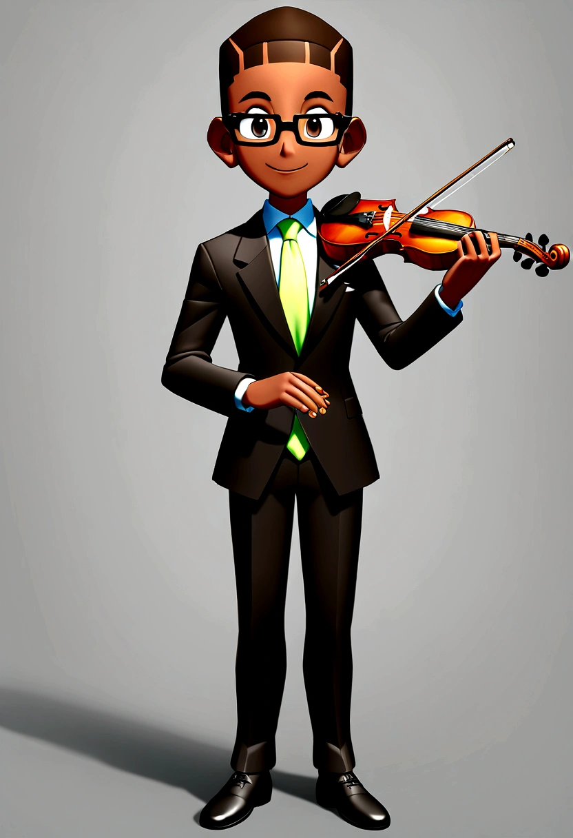 A teenager wearing a black suit with tie, complemented by black shoes. He is standing, presenting a formal appearance. Happy appearance. Brazilian boy, dark skin, curly, shaved hair, dark brown, eyes in the same color showing happiness. Wearing glasses with square frames. Holding in his hands a violin. 3d pixar animation style image high quality
