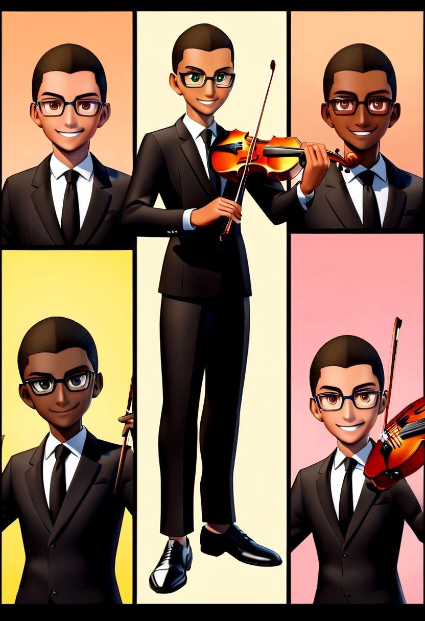 A teenager wearing a black suit with tie, complemented by black shoes. He is standing, presenting a formal appearance. Happy appearance. Brazilian boy, dark skin, curly, shaved hair, dark brown, eyes in the same color showing happiness. Wearing glasses with square frames. Holding in his hands a violin. 3d pixar animation style image high quality