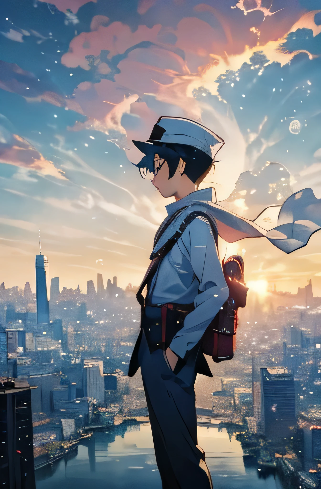 a boy standing in the middle of a city with bubbles floating in the air wearing a hat, bubbly scenery, floating bubbles, escaping air bubbles, anime background art, beautiful anime scene, beautiful anime scenery, anime background, bubbles in the air.