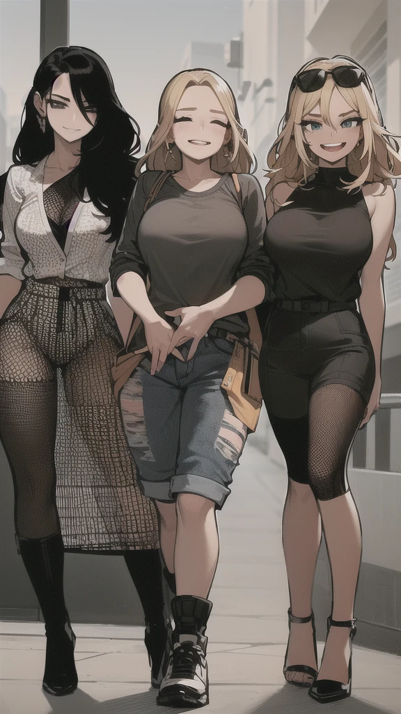three sexy women walking and looking down at boy with blonde hair and shorts, women have flirtatious smiles, women have closed eyes and they laugh, ultra hd, boy has sunglasses