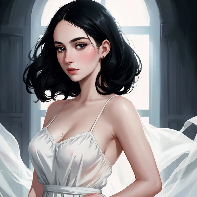 beautiful girl with realistic black eyes, pale skin, mid-length black hair, cum on perfect face, perfect eyes, wearing sheet sundress, highly detailed, comprehensive cinematic, digital painting, 8k, cinematic lighting, best quality, highres, detailed work, post-processing, perfect result, hyper realistic