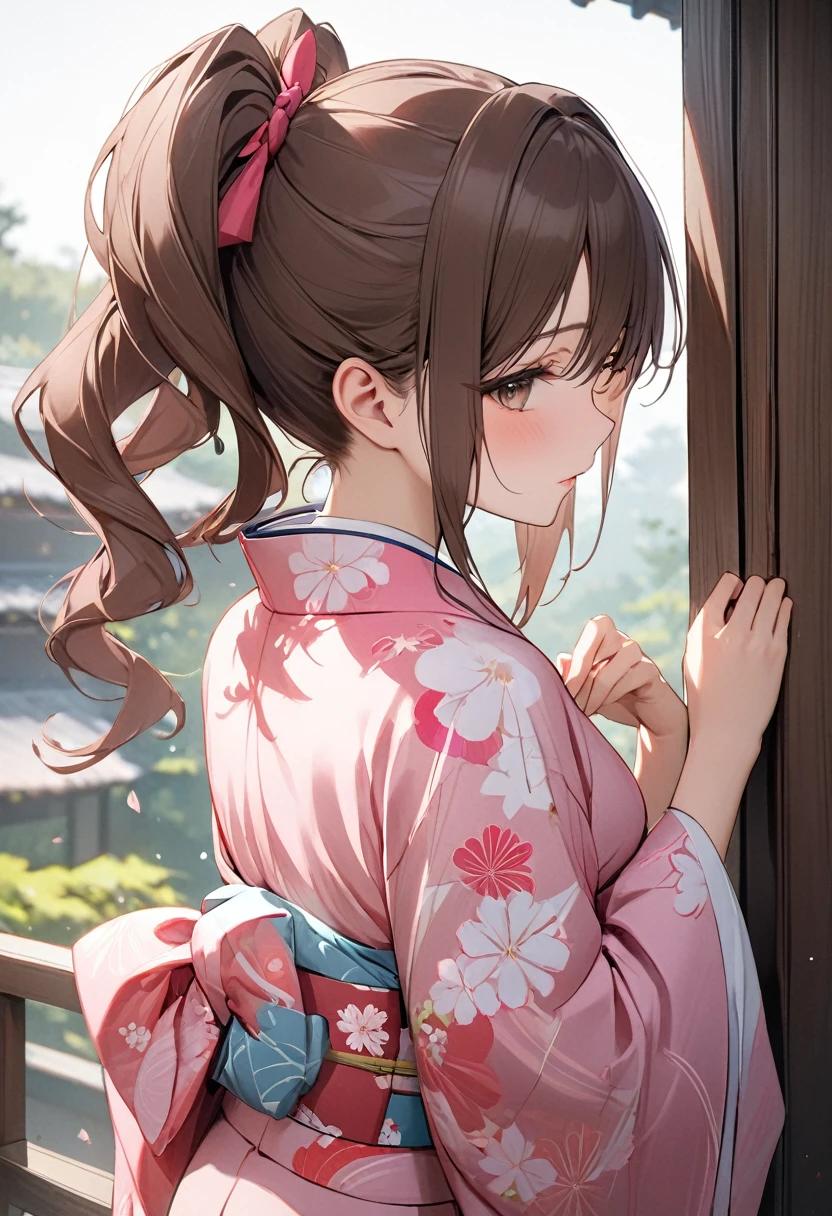 (((1 girl))),masterpiece,best quality,actual,Long brown hair tied into double ponytails,Texture、Beautiful pink Japanese kimono、