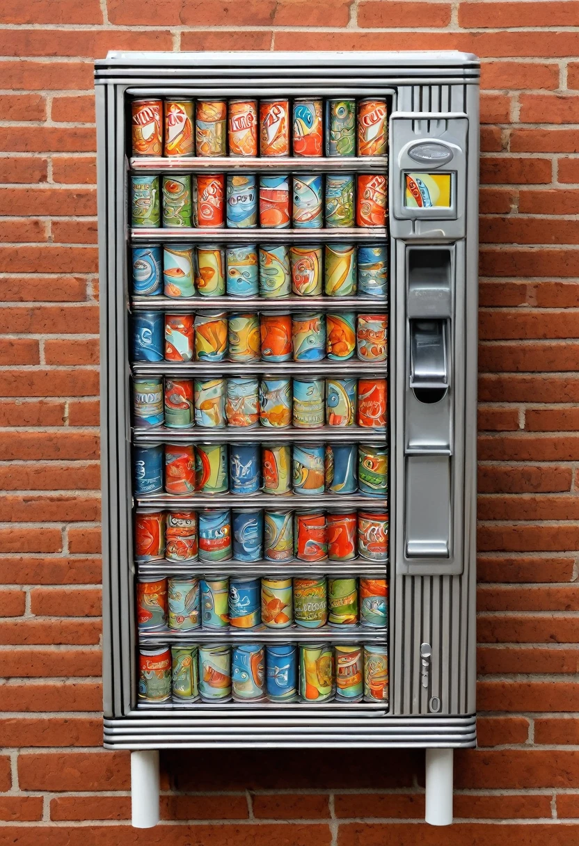 Drawer type tinned fish vending machine, ring pull cans, new and modern, fl4tstyle3, 2 colour, full frontal, contemporary style, ((detailed and expressive)), fine art style, lots of fine lines, muted colours, full background with detailed line art