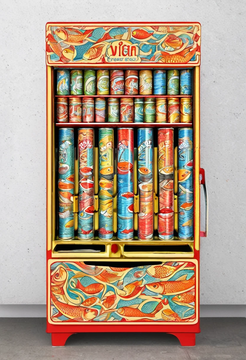 Drawer type tinned fish vending machine, ring pull cans, new and modern, fl4tstyle3, 2 colour, full frontal, contemporary style, ((detailed and expressive)), fine art style, lots of fine lines, muted colours, full background with detailed line art