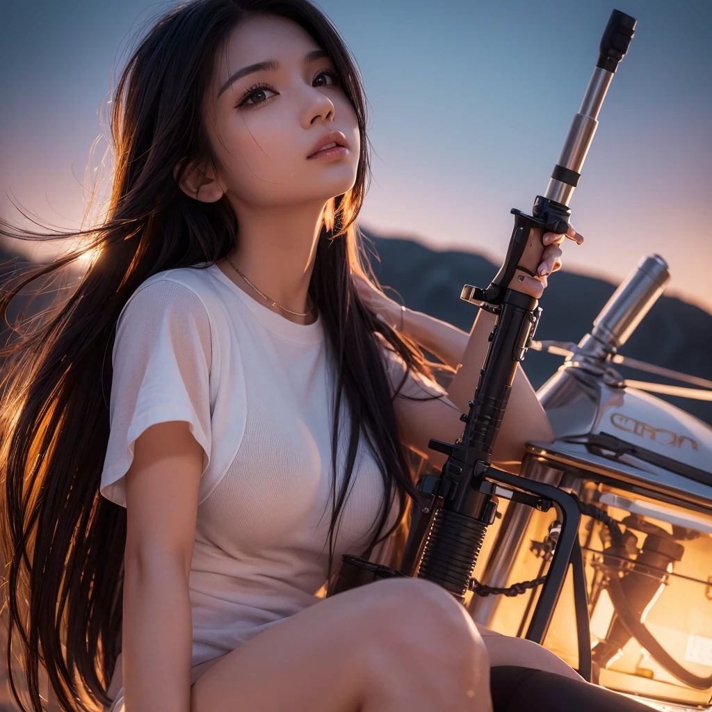 
A woman 20th, holding a stylish bag, sitting on the barrel of a replica tank toys gun modified with the strongest material, wearing a a thin white shirt that was very wet with sweat , realistic, 8K.flowers,sunset,in dark,dark theme, masterpiece,official art,best quality,ray tracing,volumetric light,realistic,photorealistic,ultra highres,vivid, woman ,  close up