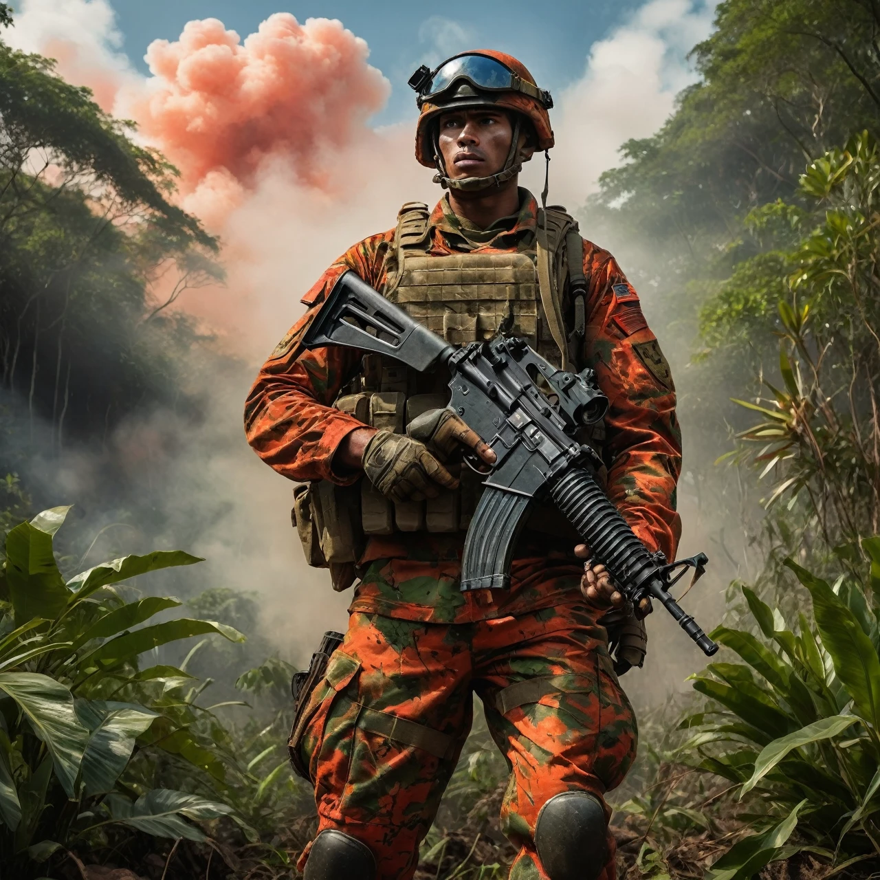 bright green light. The soldier stands tall on a rugged terrain, surrounded by dense tropical vegetation. The sky above is painted in fiery shades of red and orange, with billowing clouds of smoke and ashes. This masterpiece showcases the soldier's unwavering determination and the strength of the Brazilian spirit as the flag flutters proudly in the wind. The scene depicts the soldier in a heroic pose, his piercing blue eyes focused and intense. The intricate details of his face, from his chiseled jawline to his prominent cheekbones, bring forth a sense of grit and resilience. His lips are set in a firm line, exuding a fiercely determined expression. The soldier's muscular frame is accentuated by the well-fitted nuclear suit, which shines with a metallic sheen. The suit is adorned with intricate designs and patterns that reflect the vibrant Brazilian culture. The AK47 he wields is an extension of his power, its sleek metallic body reflecting the surrounding environment. The vibrant orange color of the suit contrasts beautifully with the lush green foliage, creating a visually striking composition. The natural lighting enhances the scene, casting intriguing shadows that add depth to the soldier's figure. The overall color palette is bold and intense, emphasizing the dramatic nature of the scene. This artwork is an exquisite representation of strength, patriotism, and resilience, capturing the essence of a fierce Brazilian soldier in a vibrant and dynamic setting. The artwork ensures (best quality,4k,8k,highres,masterpiece:1.2),ultra-detailed,(realistic,photorealistic,photo-realistic:1.37) visuals with vivid colors and sharp focus. The lighting further enhances the impact of the scene, highlighting every intricate detail with studio-like precision. With this prompt, Stable Diffusion will generate a visually stunning artwork that embodies the spirit of a fierce soldier.