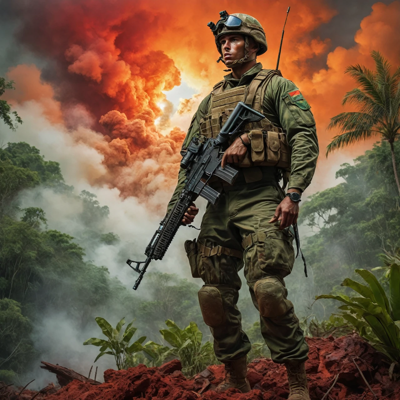 bright green light. The soldier stands tall on a rugged terrain, surrounded by dense tropical vegetation. The sky above is painted in fiery shades of red and orange, with billowing clouds of smoke and ashes. This masterpiece showcases the soldier's unwavering determination and the strength of the Brazilian spirit as the flag flutters proudly in the wind. The scene depicts the soldier in a heroic pose, his piercing blue eyes focused and intense. The intricate details of his face, from his chiseled jawline to his prominent cheekbones, bring forth a sense of grit and resilience. His lips are set in a firm line, exuding a fiercely determined expression. The soldier's muscular frame is accentuated by the well-fitted nuclear suit, which shines with a metallic sheen. The suit is adorned with intricate designs and patterns that reflect the vibrant Brazilian culture. The AK47 he wields is an extension of his power, its sleek metallic body reflecting the surrounding environment. The vibrant orange color of the suit contrasts beautifully with the lush green foliage, creating a visually striking composition. The natural lighting enhances the scene, casting intriguing shadows that add depth to the soldier's figure. The overall color palette is bold and intense, emphasizing the dramatic nature of the scene. This artwork is an exquisite representation of strength, patriotism, and resilience, capturing the essence of a fierce Brazilian soldier in a vibrant and dynamic setting. The artwork ensures (best quality,4k,8k,highres,masterpiece:1.2),ultra-detailed,(realistic,photorealistic,photo-realistic:1.37) visuals with vivid colors and sharp focus. The lighting further enhances the impact of the scene, highlighting every intricate detail with studio-like precision. With this prompt, Stable Diffusion will generate a visually stunning artwork that embodies the spirit of a fierce soldier.