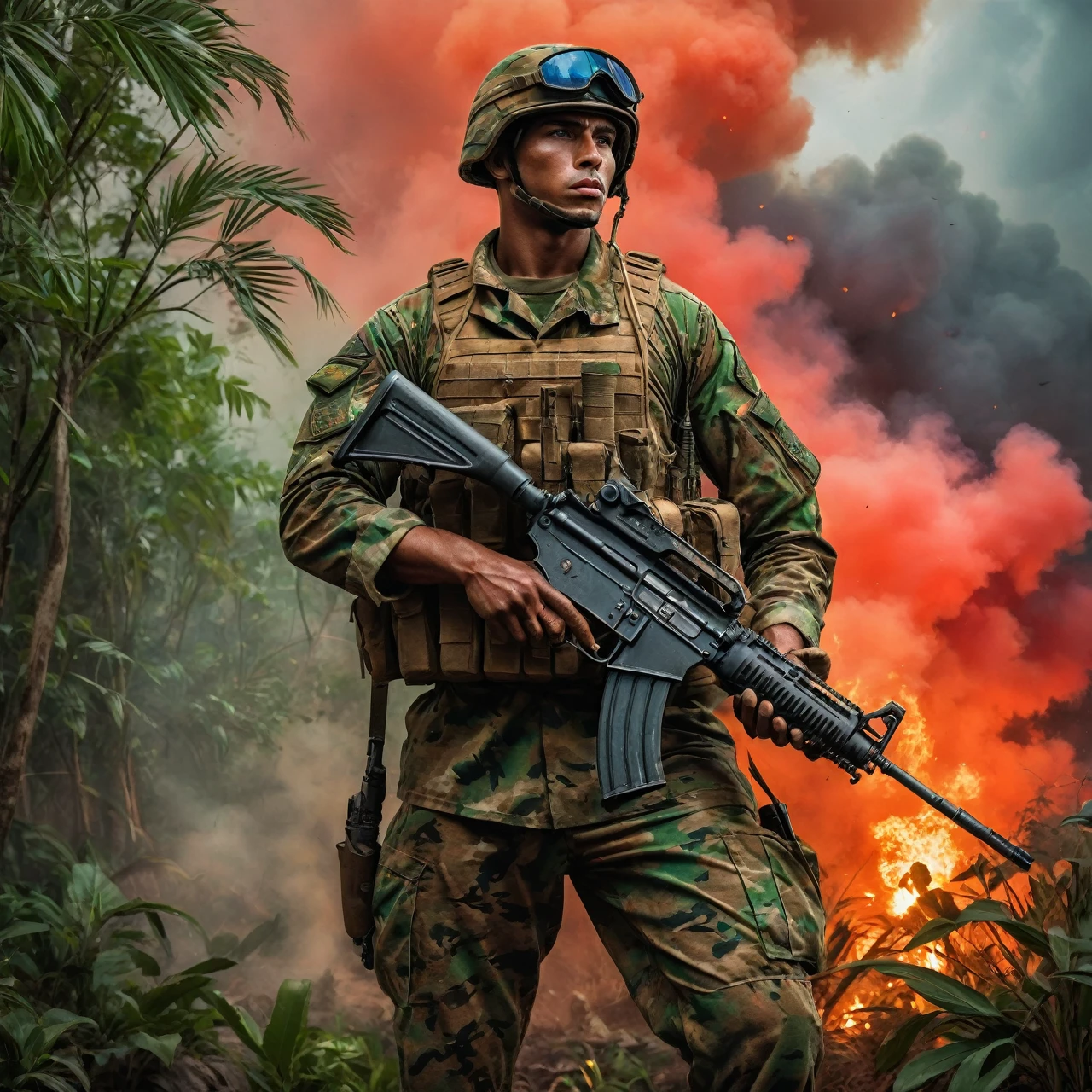 bright green light. The soldier stands tall on a rugged terrain, surrounded by dense tropical vegetation. The sky above is painted in fiery shades of red and orange, with billowing clouds of smoke and ashes. This masterpiece showcases the soldier's unwavering determination and the strength of the Brazilian spirit as the flag flutters proudly in the wind. The scene depicts the soldier in a heroic pose, his piercing blue eyes focused and intense. The intricate details of his face, from his chiseled jawline to his prominent cheekbones, bring forth a sense of grit and resilience. His lips are set in a firm line, exuding a fiercely determined expression. The soldier's muscular frame is accentuated by the well-fitted nuclear suit, which shines with a metallic sheen. The suit is adorned with intricate designs and patterns that reflect the vibrant Brazilian culture. The AK47 he wields is an extension of his power, its sleek metallic body reflecting the surrounding environment. The vibrant orange color of the suit contrasts beautifully with the lush green foliage, creating a visually striking composition. The natural lighting enhances the scene, casting intriguing shadows that add depth to the soldier's figure. The overall color palette is bold and intense, emphasizing the dramatic nature of the scene. This artwork is an exquisite representation of strength, patriotism, and resilience, capturing the essence of a fierce Brazilian soldier in a vibrant and dynamic setting. The artwork ensures (best quality,4k,8k,highres,masterpiece:1.2),ultra-detailed,(realistic,photorealistic,photo-realistic:1.37) visuals with vivid colors and sharp focus. The lighting further enhances the impact of the scene, highlighting every intricate detail with studio-like precision. With this prompt, Stable Diffusion will generate a visually stunning artwork that embodies the spirit of a fierce soldier.