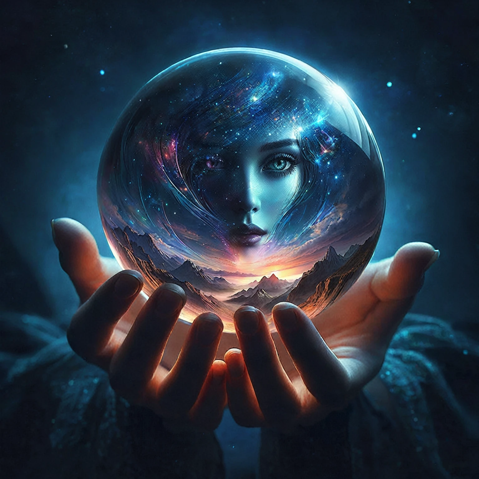 someone holding a crystal ball with a picture of a face in it, beautiful digital art, beautiful image ever created, very beautiful digital art, digital art picture, artistic digital art, beautiful gorgeous digital art, surrealism!!!!, surreal dream, surreal realistic, beautiful!!! digital art, crystal ball, gorgeous digital art, amazing photography, surrealistic digital artwork, stunning digital art