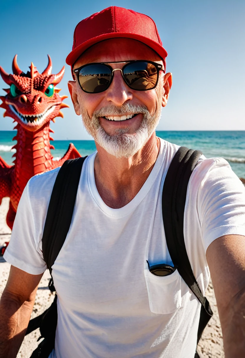 on the beach, captures a realistic image from different angles in a medium shot of a brave 60 year old bald man with a very short beard, almost imperceptible white color and RayBan wayfarer sunglasses, The entire image takes place accompanied by a friendly red dragon, dressed in summer clothes and black baseball cap, The man is smiling and looking at camera accompanied by a funny medium-sized red dragon. The man in the cap is the adventurous explorer with dark wayfarer sunglasses evading a well-proportioned medium-sized winged red dragon, everything takes place under a radiant sun on a Mediterranean beach with impressive lighting for a perfect shot, red and winged dragon. Primer plano selfie, 8k selfie photography, Selfie Photo, professional photography, 8k, RAW photo, The best quality, Masterpiece, photorealistic, Highly detailed, cinematic lighting, sharp focus, réflex digital, high resolution, photorealistic, 