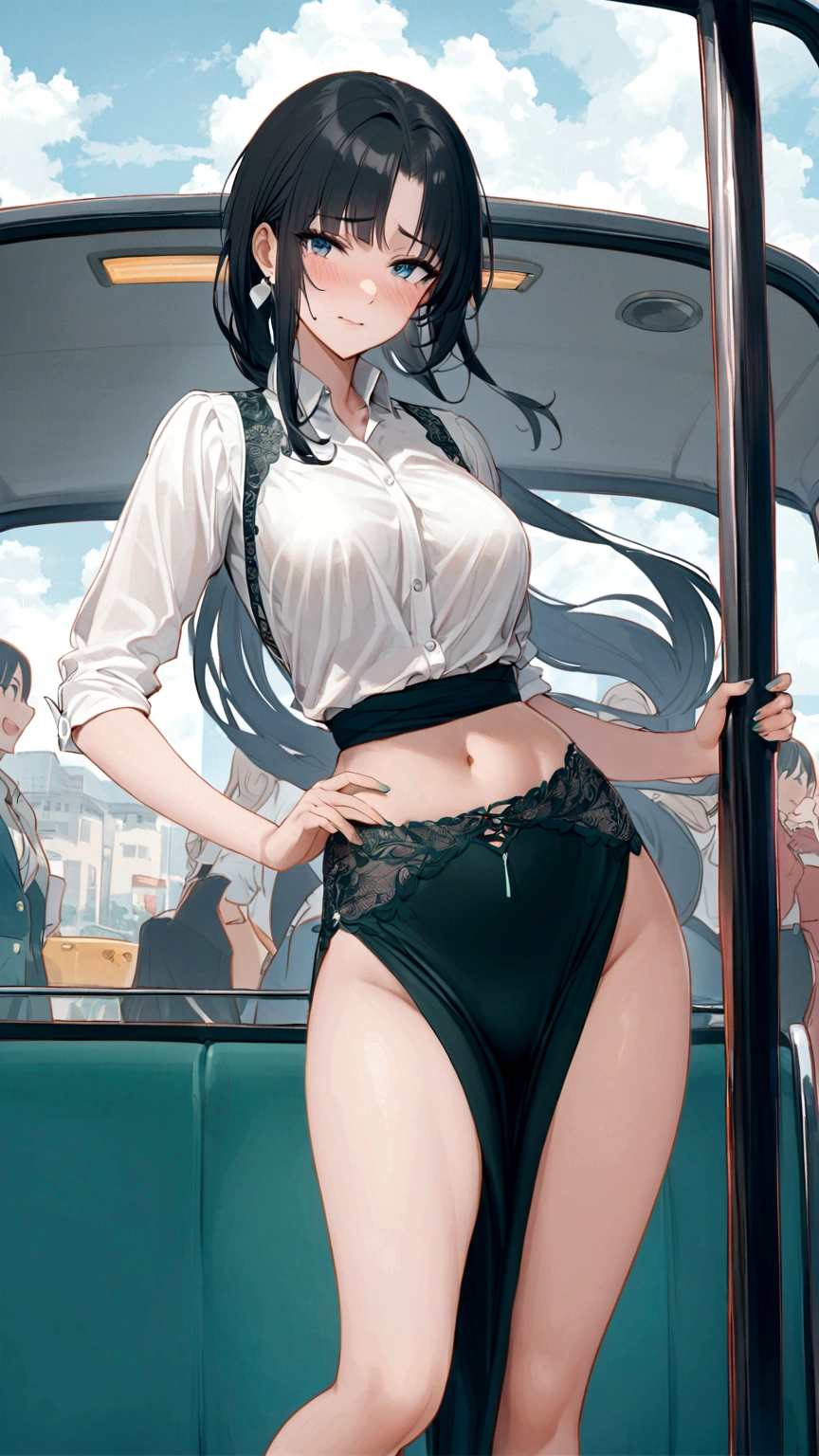 25-year-old Shi Qing,Height 1.75 meters,Slim body,Beautiful appearance。She was wearing a modest skirt and a loose white shirt.,Standing in a crowded bus,Hip skirt can only cover half of the buttocks,Blushing cheeks,Shy and embarrassed expression,The body was pressed tightly against the bus window,Appearing nervous。She has long legs and a slender waist.,The plump buttocks are particularly attractive,Tiptoe,Grab the top pole with one hand,The cuffs reveal the lace bra underneath,Higher hips