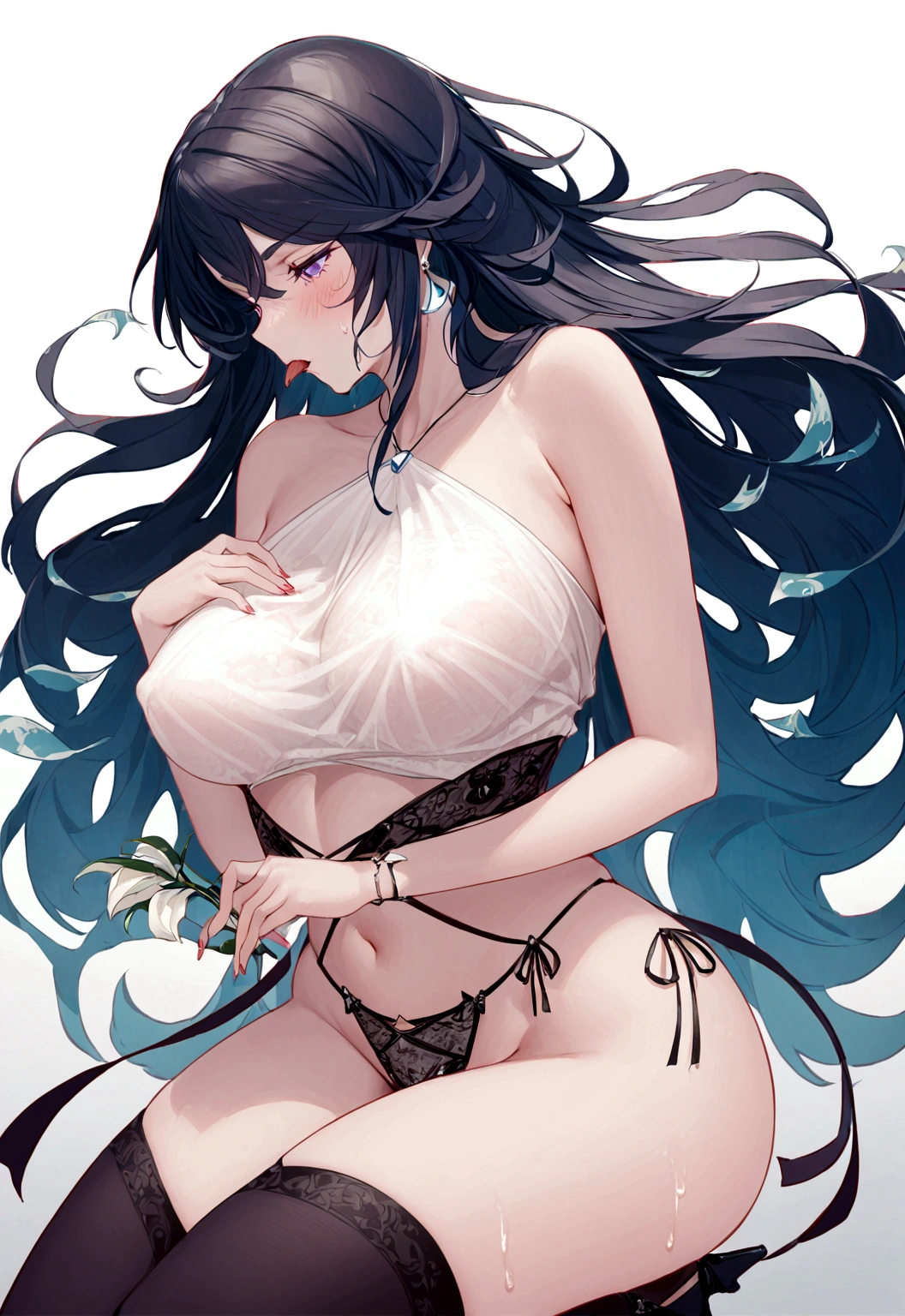 25-year-old female,Slim body,Wearing jeans,Clothes become translucent due to sweat sticking to the skin,Showing off her curvy figure。With plump breasts and round buttocks,The jeans were clinging to her body.,Sweaty,Blushing cheeks,Looking shy and embarrassed,Nervousness,Black long hair,big eyes,Beautiful face,Wear a white loose T-shirt,The hem of the T-shirt covers part of the lower body,Kneel in front of the mirror,Hands grasp the chest,Breast deformation,Fingers sink into breasts,Expression of surprise and confusion,Stick out your tongue,White fluid leaking from chest,Red cheeks,Slight sweating。