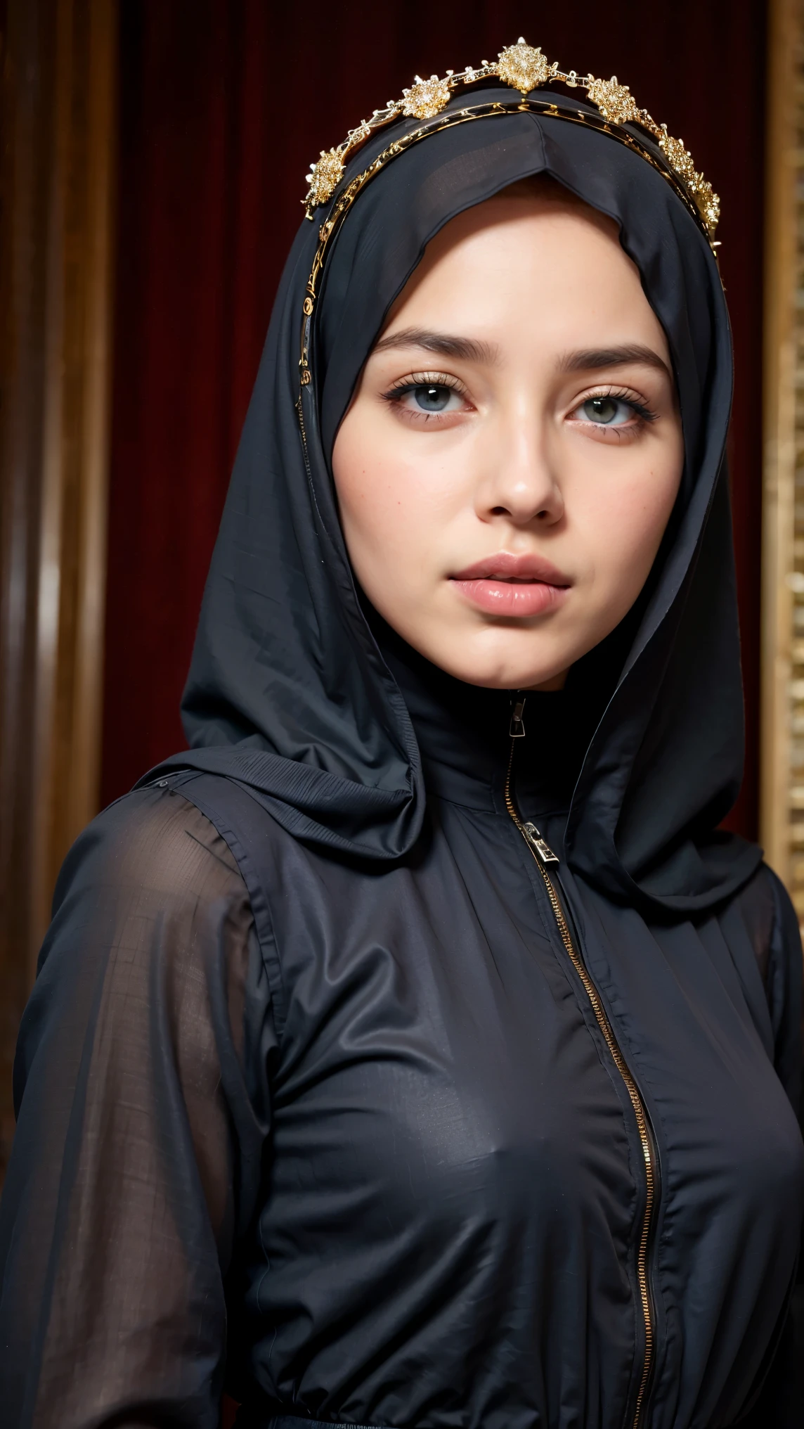 aa woman wearing a hijab, abaya, luxury hijab, crown luxury, masterpiece，Best quality at best，A high resolution，8K，((Portrait))，(upper front body)，Original photo，real photograph，digital photograph，blue eye，open kissing lips，Keep your mouth shuegant and charming，((Blushing))，virgin contempt, fighting style, palace background, slim body, very small waist,