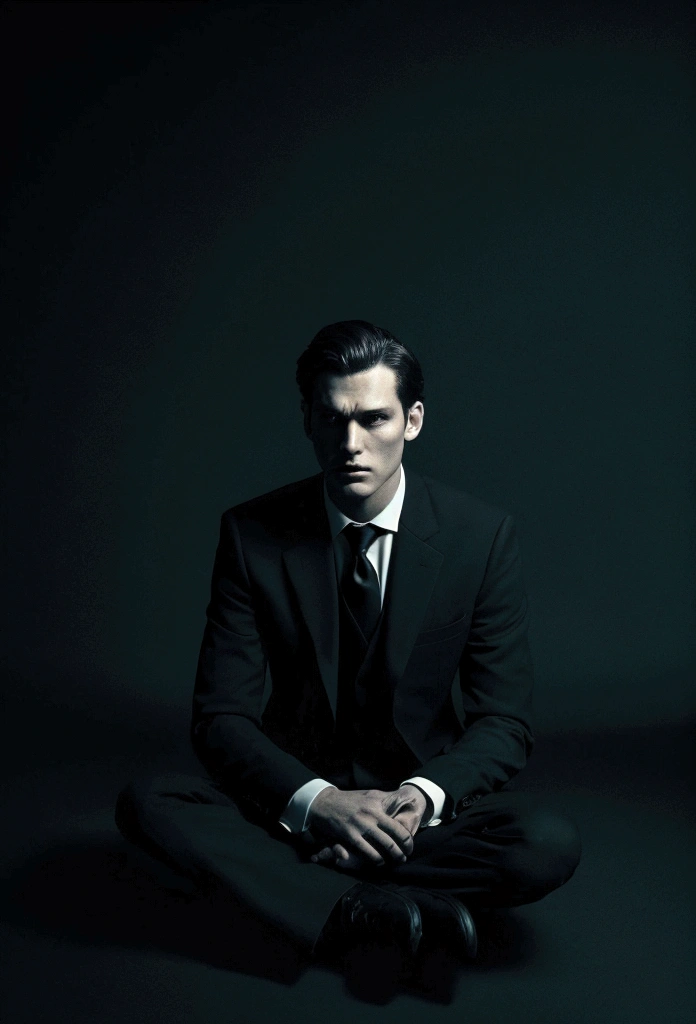 Horror pictures of a man in a black suit sitting on the floor against a smoky black background