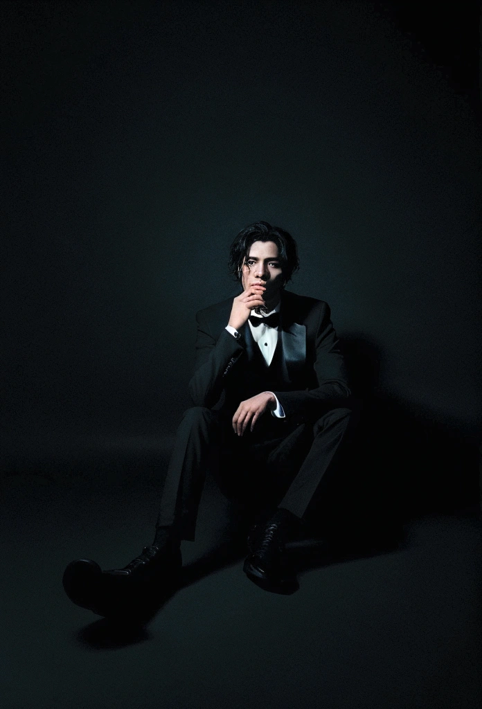 Horror pictures of a man in a black suit sitting on the floor against a smoky black background