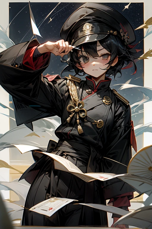perfection。masterpiece。high quality。最high quality。ultra quality。Tanabata。Chuunibyou。Wearing a black eyepatch。military cap。A girl with short black hair。Wearing black military uniform。Fluttering cloak。Writing a wish on a strip of paper at the shrine。The bamboo is swaying。Imperial City Sky、You can see the beautiful starry sky。