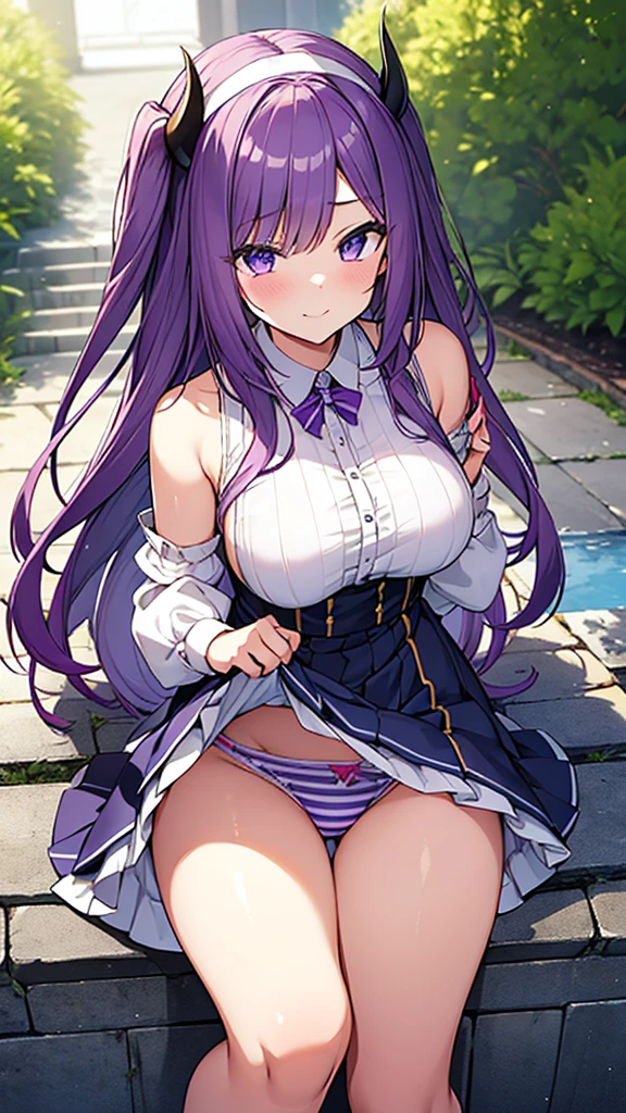 最high quality, high quality, Super detailed, 16K, Ultra-detailed details, pretty girl, alone, beautiful purple hair, Beautiful purple eyes, Big Breasts, A light smile, Summer clothes, Summer Maid clothes, I'm lifting my skirt, Blue and white color striped underwear(Showing her underwear under her skirt), My crotch is wet with love juice, {{A succubus who falls in love with a man steals the facial skin of the girl he loves, transforms her face into that of a girl, and serves the man as a maid.}}, Full body image, NSFW