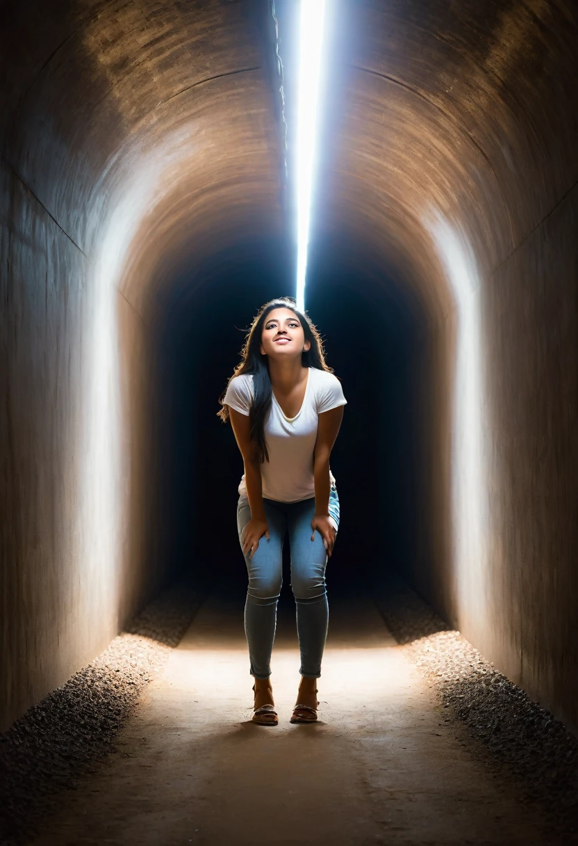 a beautiful young latino woman in a dark tunnel with light at the end of tunnel. She is lifting up a young aged girl who has fallen