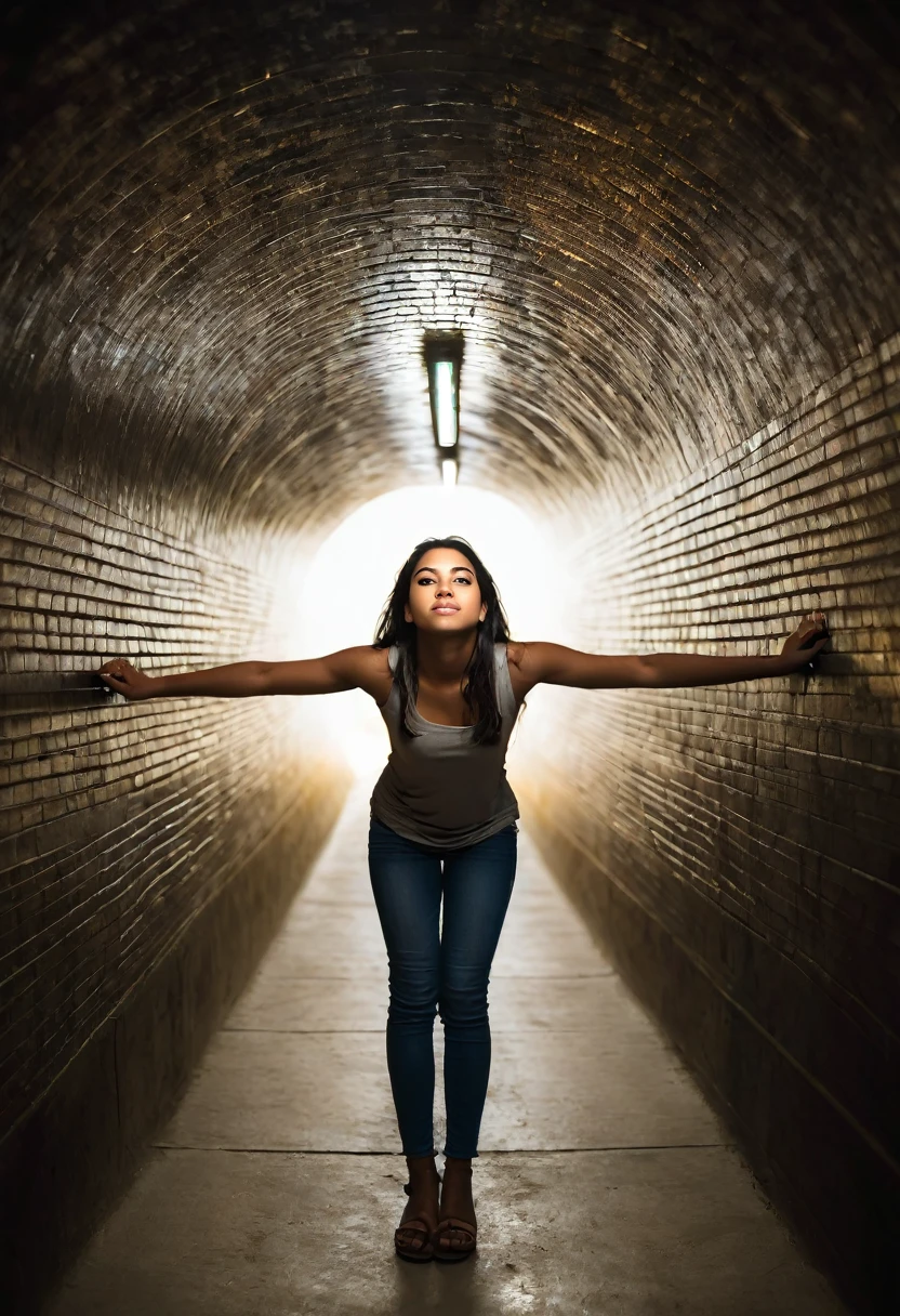 a beautiful young latino woman in a dark tunnel with light at the end of tunnel. She is lifting up a young aged girl who has fallen