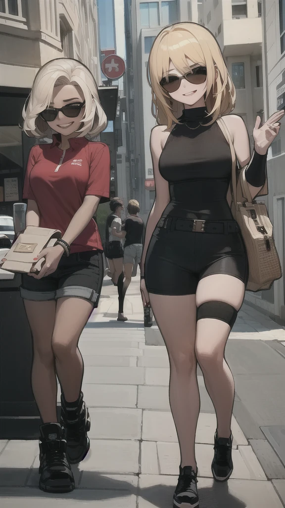 two sexy women walking and looking down at 4  boy with blonde hair and shorts, women have flirtatious smiles, women have closed eyes and they laugh, ultra hd, boy has sunglasses