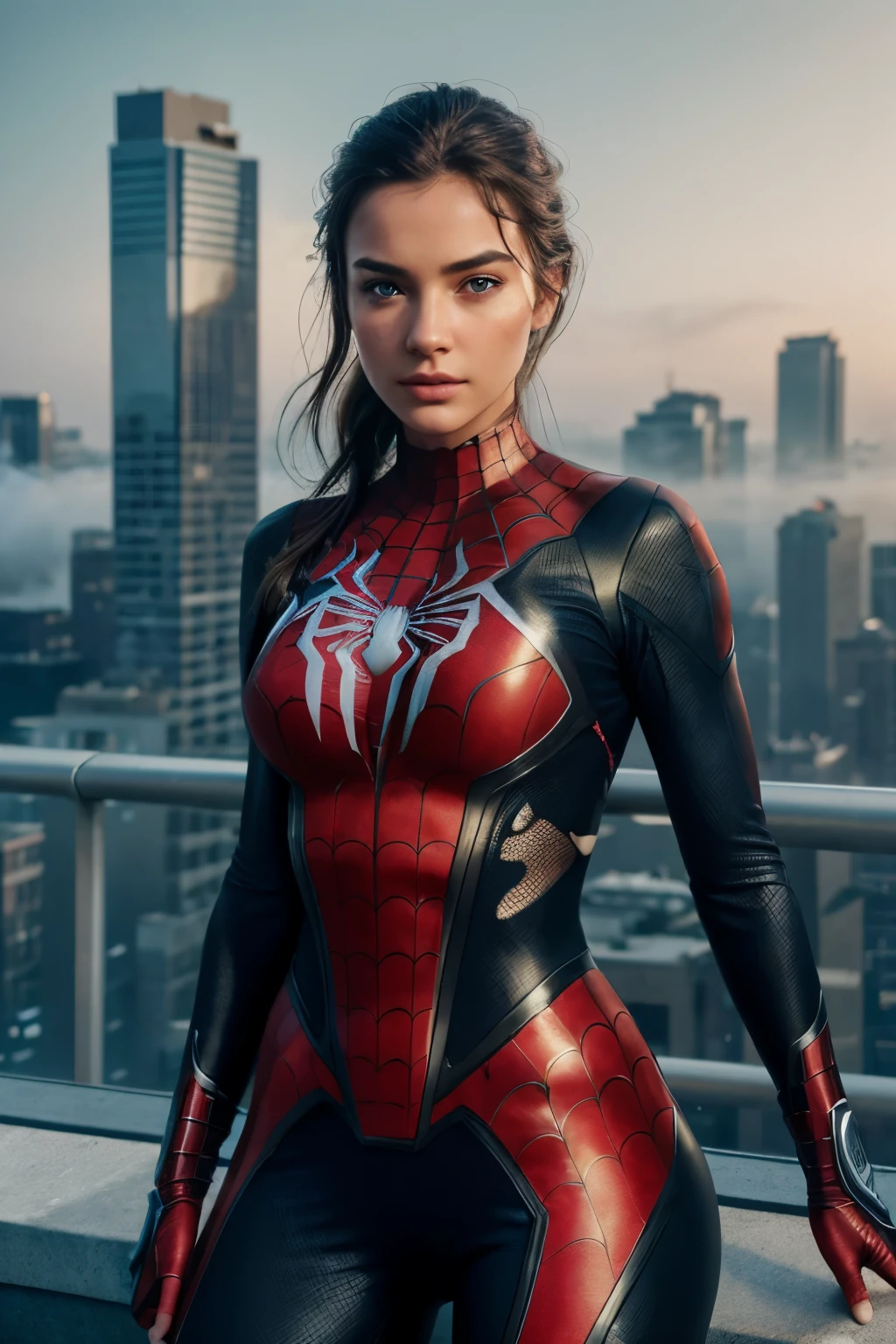 (1girl:1.3), Solo, (((Very detailed face)))), ((Very detailed eyes and face)))), Beautiful detail eyes, Body parts__, Official art, Unified 8k wallpaper, Super detailed, beautiful and beautiful, beautiful, masterpiece, best quality, original, masterpiece, super fine photo, best quality, super high resolution, realistic realism, sunlight, full body portrait, amazing beauty, dynamic pose, delicate face, vibrant eyes, (from the front), She wears Spider-Man suit, red and black color scheme, spider, very detailed city roof background, rooftop, overlooking the city, detailed face, detailed complex busy background, messy, gorgeous, milky white, highly detailed skin, realistic skin details, visible pores, clear focus, volumetric fog, 8k uhd, DSLR, high quality, film grain, fair skin, photo realism, lomography, futuristic dystopian megalopolis, translucent