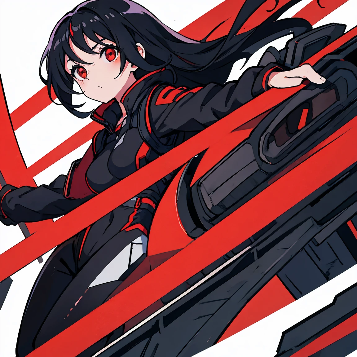 generic anime girl with black hair red eyes and black racing suit, clear background, character fitting in the image