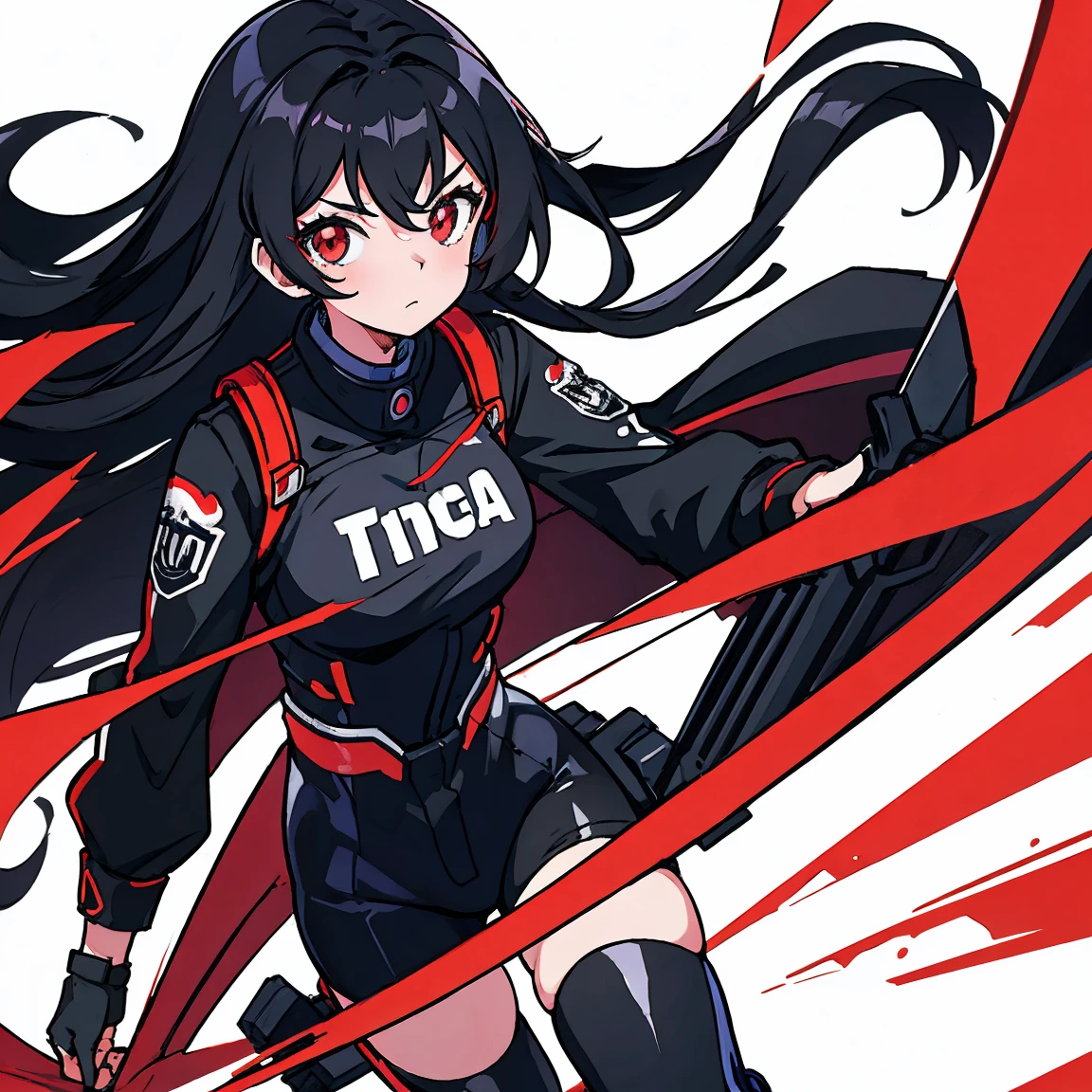 generic anime girl with black hair red eyes and black racing suit, clear background, character fitting in the image