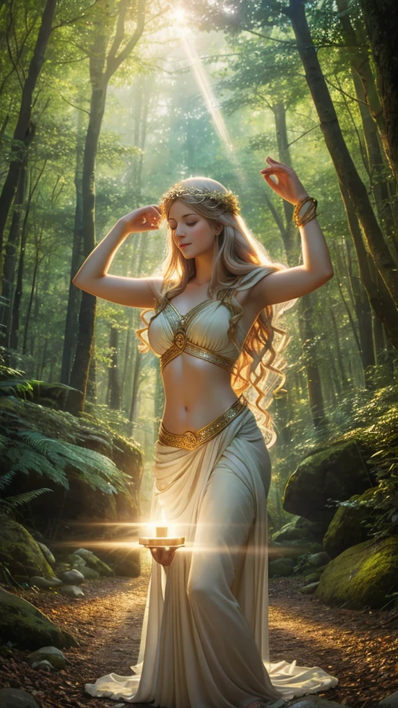 Image of Greek goddess Aphrodite sending healing light energy to many people, surrounded by forest, realistic, detailed, ethereal, mysterious, soft lighting, dreamy atmosphere, spiritual ritual, harmonious environment, soft pastel colors, ethereal soft background, Soft Focus