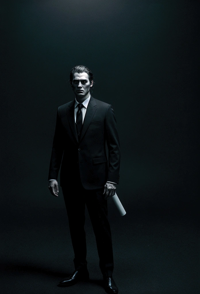 Horror pictures of a man in a black suit standing against a smoky black background