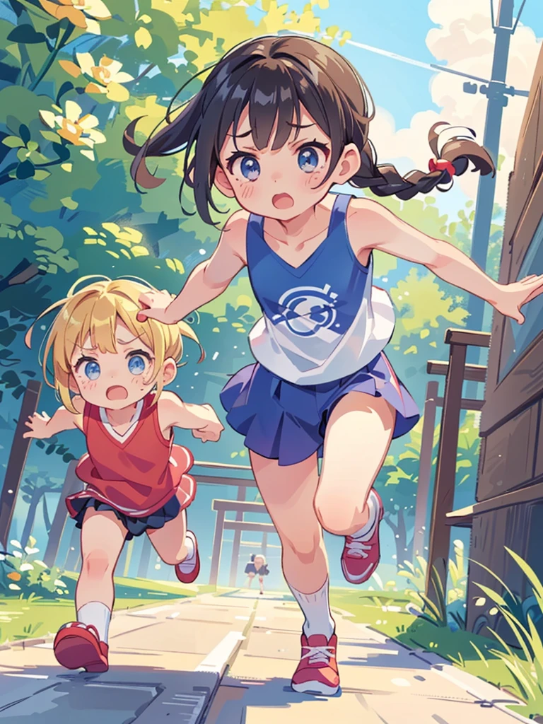 Highest quality、High resolution、Detailed Background、Beautiful face in every detail、Anatomically correct、Detailed facial expressions、fine grain、((full body, from below, side view, looking viewer:1.5)), ((One Girl)、(Chibi Girl:1.5)、Cute hair color、Large, beautiful blue eyes、Braided twin tails、（To trip over a stone and fall:1.5）、Elementary school, (Spring-colored sleeveless spring clothes、cute pants、Cute sneakers)、break　bamboo forest、((Falling face down、Stretch out your arms))、Surprised expression、Holding back large tears in the eyes、An expression that looks like it's about to cry、(背景はbamboo forest、Fallen leaves covering the ground、Bamboo shoots、Mild climate、Warm sunshine）