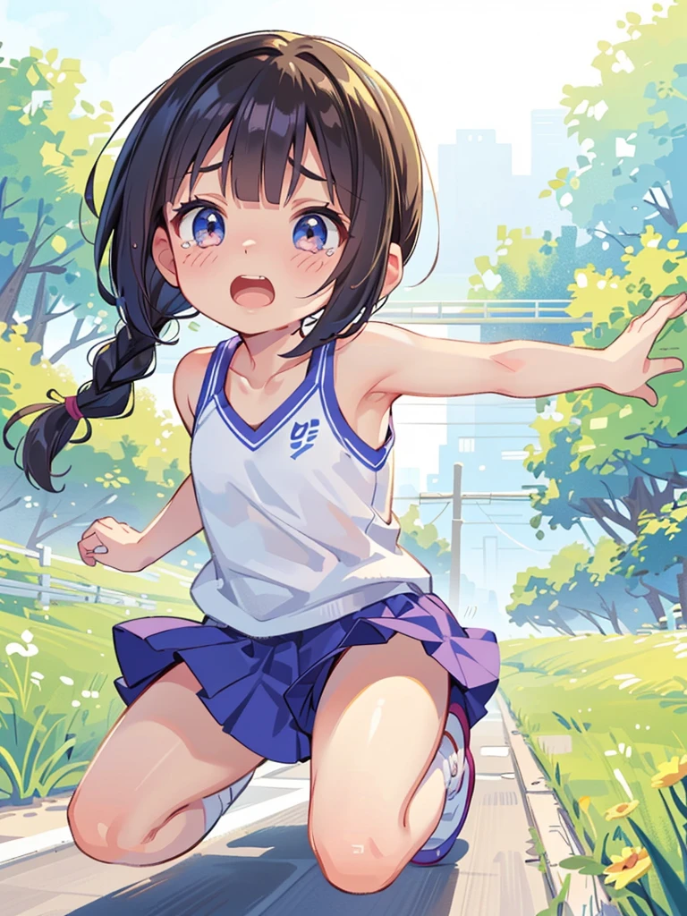 Highest quality、High resolution、Detailed Background、(Beautiful face in every detail:1.4)、Anatomically correct、(Detailed facial expressions)、(fine grain:1.2), shoot from below:1.5, Teenage Beauty、Cute hair color、Braided Ponytail、Braided bob cut、Braided twin tails、Lower grade primary school students, (Tank top、Vneck、mini skirt、Cute Shoes)、Perfect body line、(Running for his life:1.5、Sprinting:1.5)、(I have tears in my eyes:1.5、Screaming and looking like she's about to cry)、wind flow、Cloud flow、Light flow、Star Stream、The flow of time