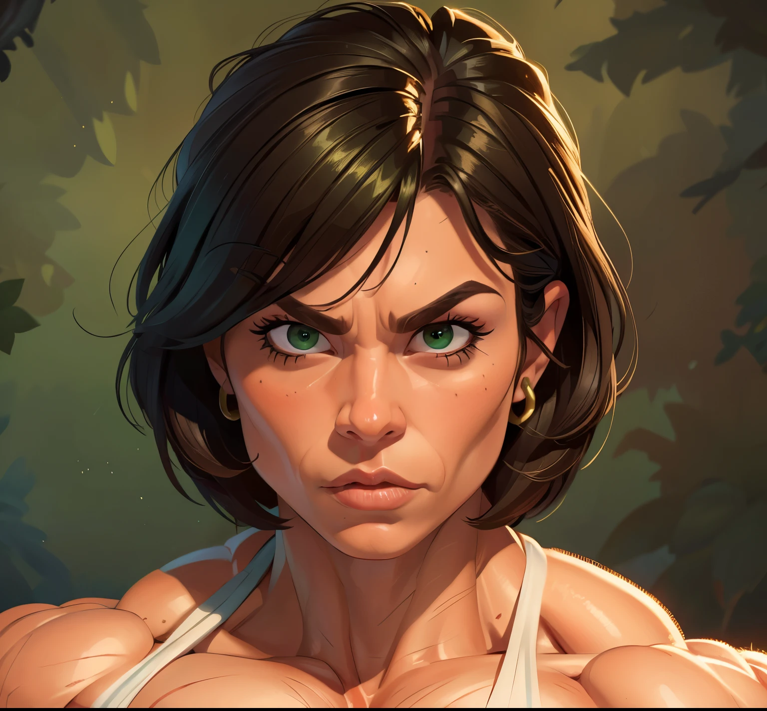 (masterpiece:1.2), (best quality), (ultra detailed), (8k, 4k, intricate),(full-body-shot:1), (highly detailed:1.2),(detailed face:1.2), (detailed background), muscle woman with brunette hair wearing green bikini flexing massive muscles, most muscular pose, woman with huge muscles, mature woman, stern expression, green eyes, angry expression