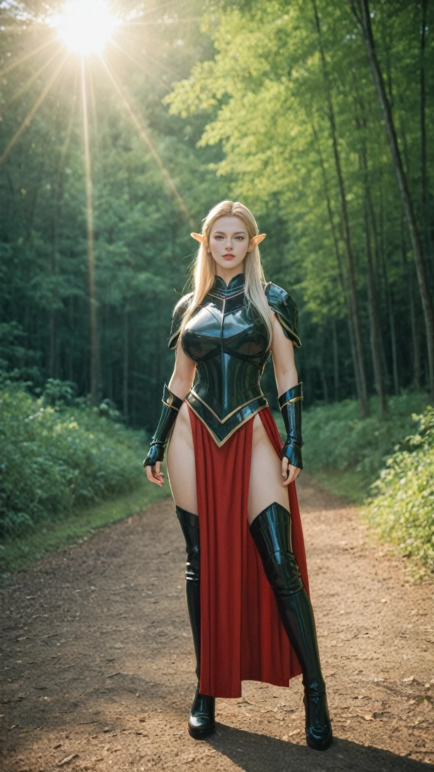 realistic,score_9, score_8_up, score_7_up,
full body, a beautiful elf, Adriana Malkova, delicate filigrane Black armor, huge breasts, perfect body, blondes, length hair, outside, Skin texture, ultra high resolution, Nikon D850, Contre-Jour, rim light, bright sunlight, film grain, warm hue, warmer Ton,color photo, Fantasy, in a red dream world, red forest, in a red forest, amazing depth, red mood in background, shades of red, photography,sexy pose
