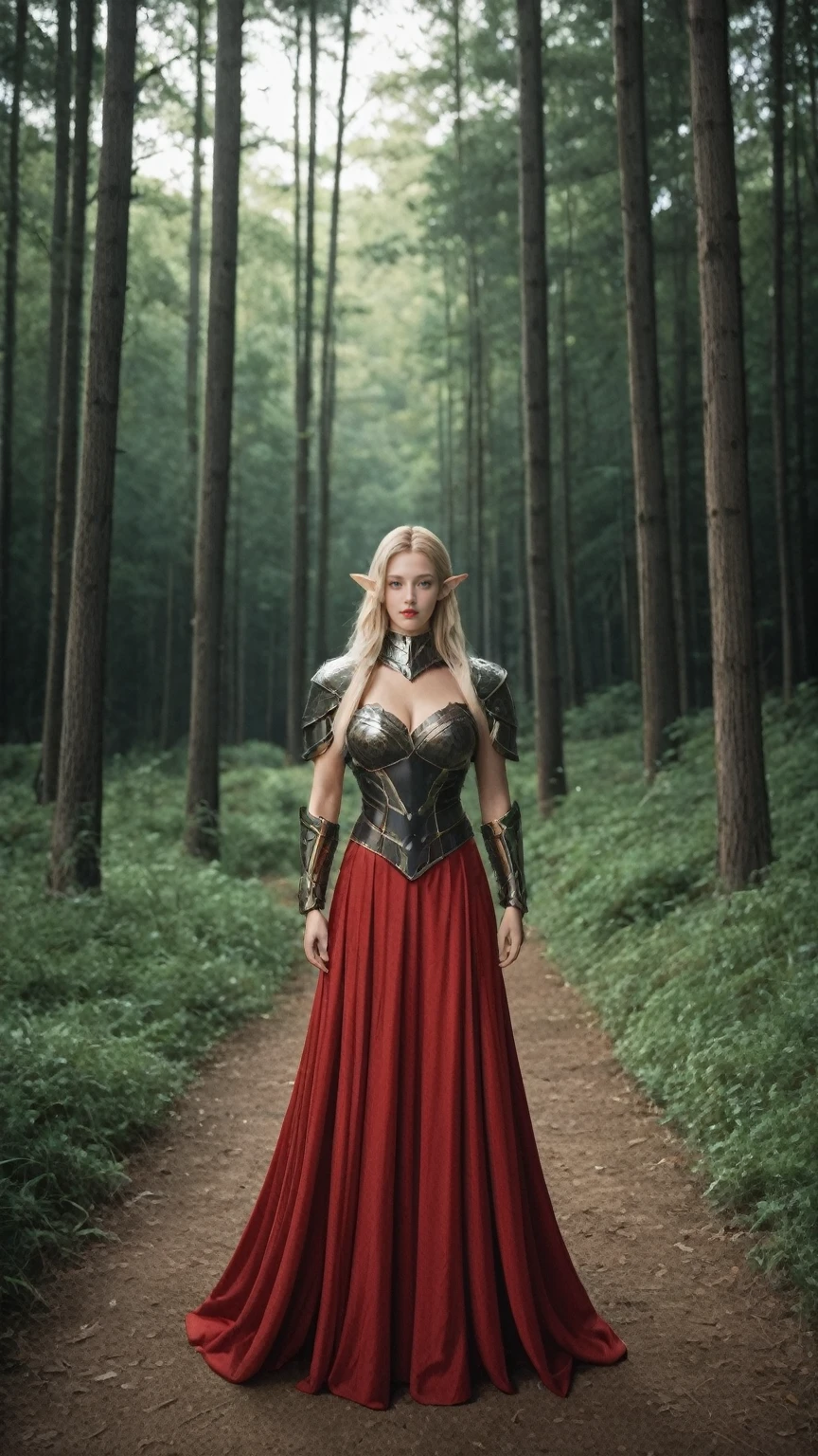 realistic,score_9, score_8_up, score_7_up, 
full body, a beautiful elf, Adriana Malkova,  delicate filigrane Black armor, huge breasts, perfect body, blondes, length hair, outside, Skin texture, ultra high resolution, Nikon D850, Contre-Jour, rim light, bright sunlight, film grain, warm hue, warmer Ton,color photo, Fantasy, in a red dream world, red forest, in a red forest, amazing depth, red mood in background, shades of red, photography,sexy pose