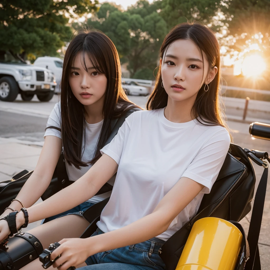 A woman 20th, holding a stylish bag, sitting on the barrel of a replica tank toys gun modified with the strongest material, wearing a a thin white shirt that was wet with sweat because rain, realistic, 8K.flowers,sunset,in dark,dark theme, masterpiece,official art,best quality,ray tracing,volumetric light,realistic,photorealistic,ultra highres,vivid, woman , close up