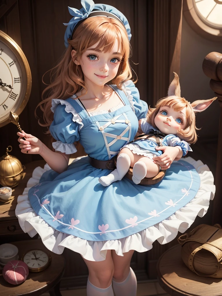 Best image quality, detailed eyes, long eyelashes, the world of the story of Alice in Wonderland, wearing a light blue dress with a white apron, white tights and black belted shoes, Alice in Wonderland costume A holding a pear in her right hand, smiling happily, with surprisingly large, round, and shining eyes, long eyelashes, chestnut-colored hair, a friendly and bright smile, and a card soldier, a Cheshire cat, and a clock. The rabbit I held,