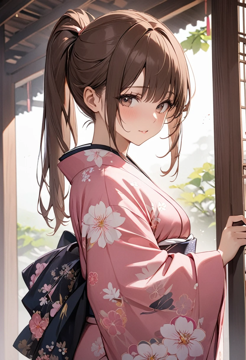 (((1 girl))),masterpiece,best quality,actual,Long brown hair with ponytails on both sides,Texture、Beautiful pink Japanese kimono、
