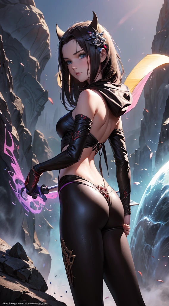 Photorealistic digital painting, modern girl Vegeta + branca de neve Devil fênix negra with the image of a black urso in a pleasing mix, taking inspiration from detailed forms of, dressed in an illustrious pink black yellow purple jaketa Hood red enhanced by the artistic styling of artists like Jose Royo, Boris Vallejo, Julie Bell, Carne Griffiths, Benedick Bana, Brian Froud, Eric Wallis, combines the mystique of fantasy