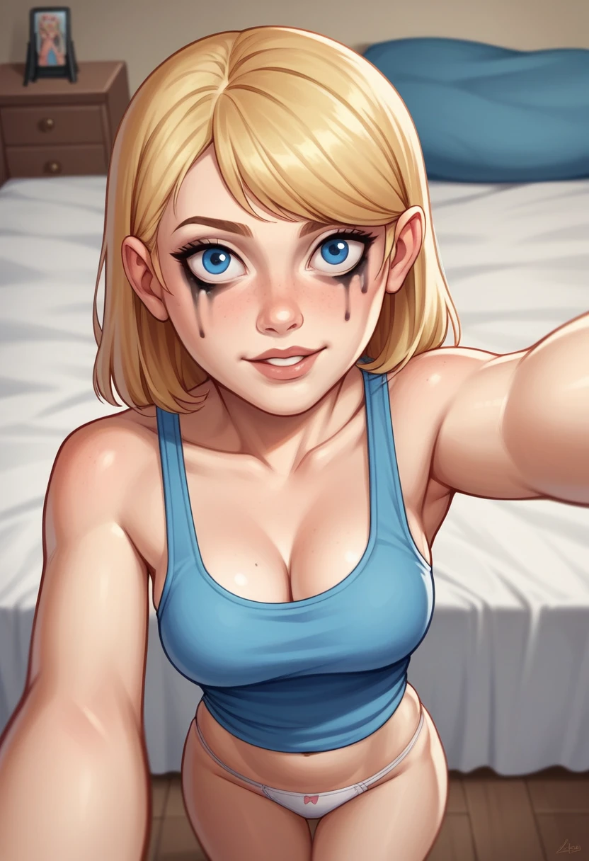 Woman wearing matching tank top and panties, sexy girl with blue eyes, Portrait Sophie Mudd, Portrait of Corinna Kopf, blonde hair and big eyes, selfie of a young woman, ohne Makeup, natural make-up, Look directly into the camera, face with artgram, subtle make-up, Stunning full body photo, in bedroom, tetas grandes, bionde