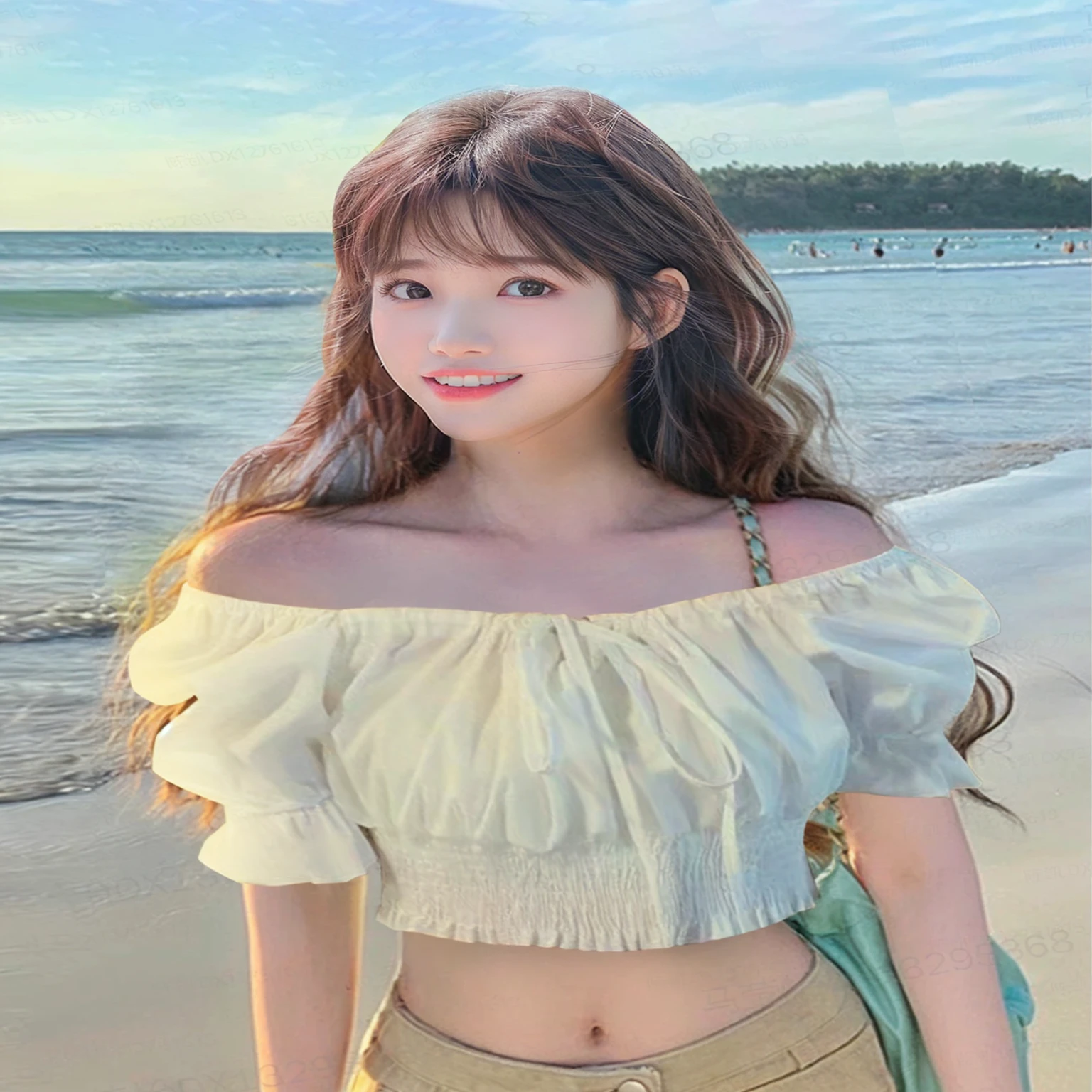 Araffe girl wearing white top and tan pants on the beach, Bae Suzy, Shin Jin Hye, Ulzan, Cui Xianhua, Nam Jae-yeon, Xuan Yunzhu, Sakimichan, Larissa Manobar, tzuyu from times, return, Lee Ji-eun, Lee Ji-eun, hair floating covereturng chest, Korean Girl