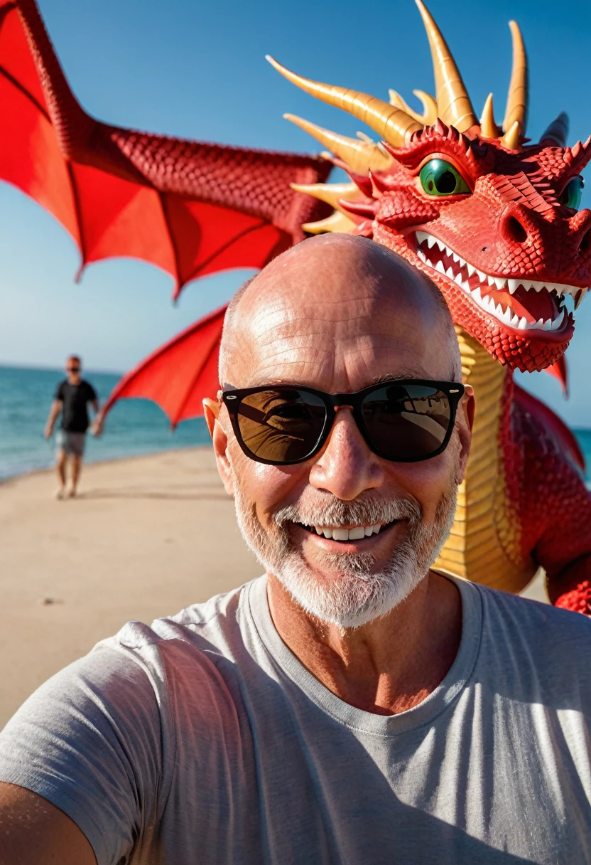 on the beach, captures a realistic image from different angles in a medium shot of a brave 60 year old bald man with a very short beard, almost imperceptible white color and RayBan wayfarer sunglasses, The entire image takes place accompanied by a friendly red dragon, dressed in summer clothes and black baseball cap, The man is smiling and looking at camera accompanied by a funny medium-sized red dragon. The man in the cap is the adventurous explorer with dark wayfarer sunglasses evading a well-proportioned medium-sized winged red dragon, everything takes place under a radiant sun on a Mediterranean beach with impressive lighting for a perfect shot, red and winged dragon. Primer plano selfie, 8k selfie photography, Selfie Photo, professional photography, 8k, RAW photo, The best quality, Masterpiece, photorealistic, Highly detailed, cinematic lighting, sharp focus, réflex digital, high resolution, photorealistic,