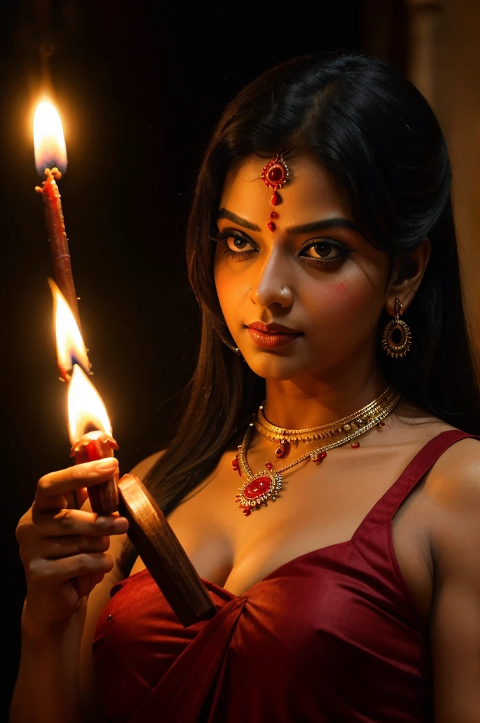 ((best quality)), ((masterpiece)), Such a photo of Kali Mata in which she is killing the demon and a small  is performing her aarti., perfect face