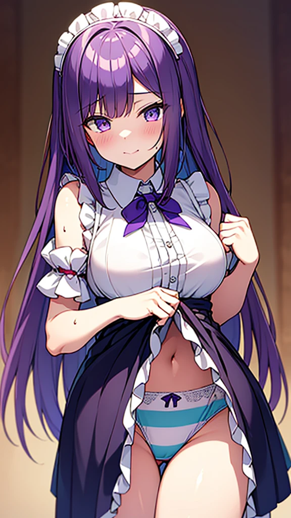 最high quality, high quality, Super detailed, 16K, Ultra-detailed details, pretty girl, alone, beautiful purple hair, Beautiful purple eyes, Big Breasts, A light smile, Summer clothes, Summer Maid clothes, I'm lifting my skirt, Blue and white color striped underwear(Showing her underwear under her skirt), My crotch is wet with love juice, {{A succubus who falls in love with a man steals the facial skin of the girl he loves, transforms her face into that of a girl, and serves the man as a maid.}}, The ghost of a girl with her skin peeled off is pleading with the maid, Full body image, NSFW