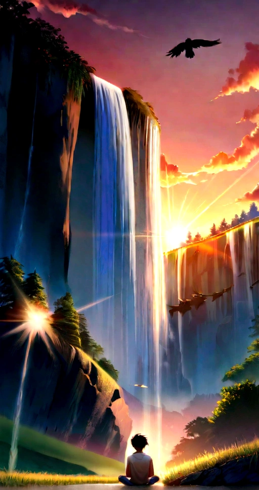 (Anime style)Waterfall in side a beautiful scenery in sunset with 16 years old boy sitting alone in grass with fast coming air smiling looking at the waterfall . also crow flying in sky in bunch and thinking about his unreal life pain and responsibilities.(realistic)(Hd quality) clarity high graphics.