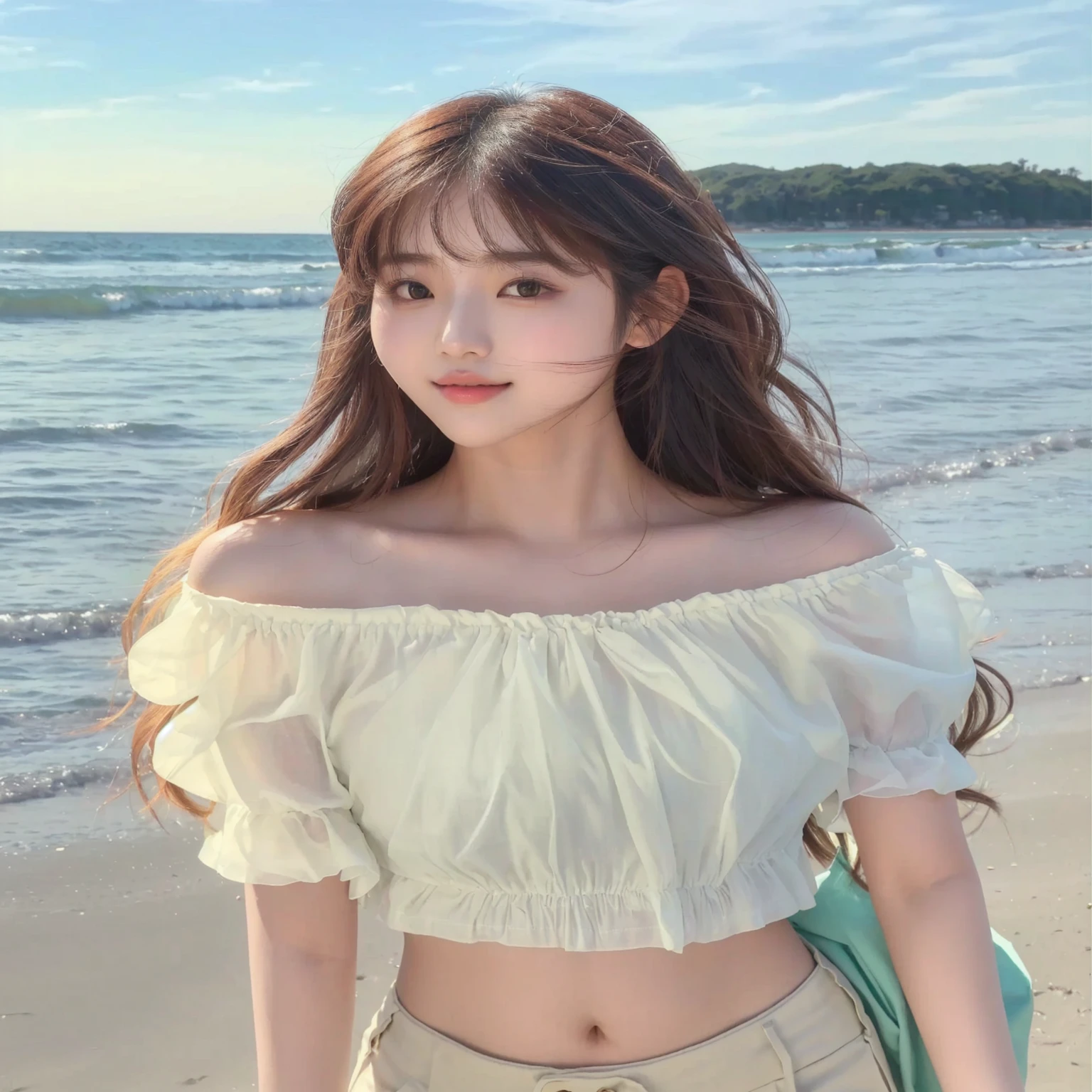Araffe girl wearing white top and tan pants on the beach, Bae Suzy, Shin Jin Hye, Ulzan, Cui Xianhua, Nam Jae-yeon, Xuan Yunzhu, Sakimichan, Larissa Manobar, tzuyu from times, return, Lee Ji-eun, Lee Ji-eun, hair floating covereturng chest, Korean Girl