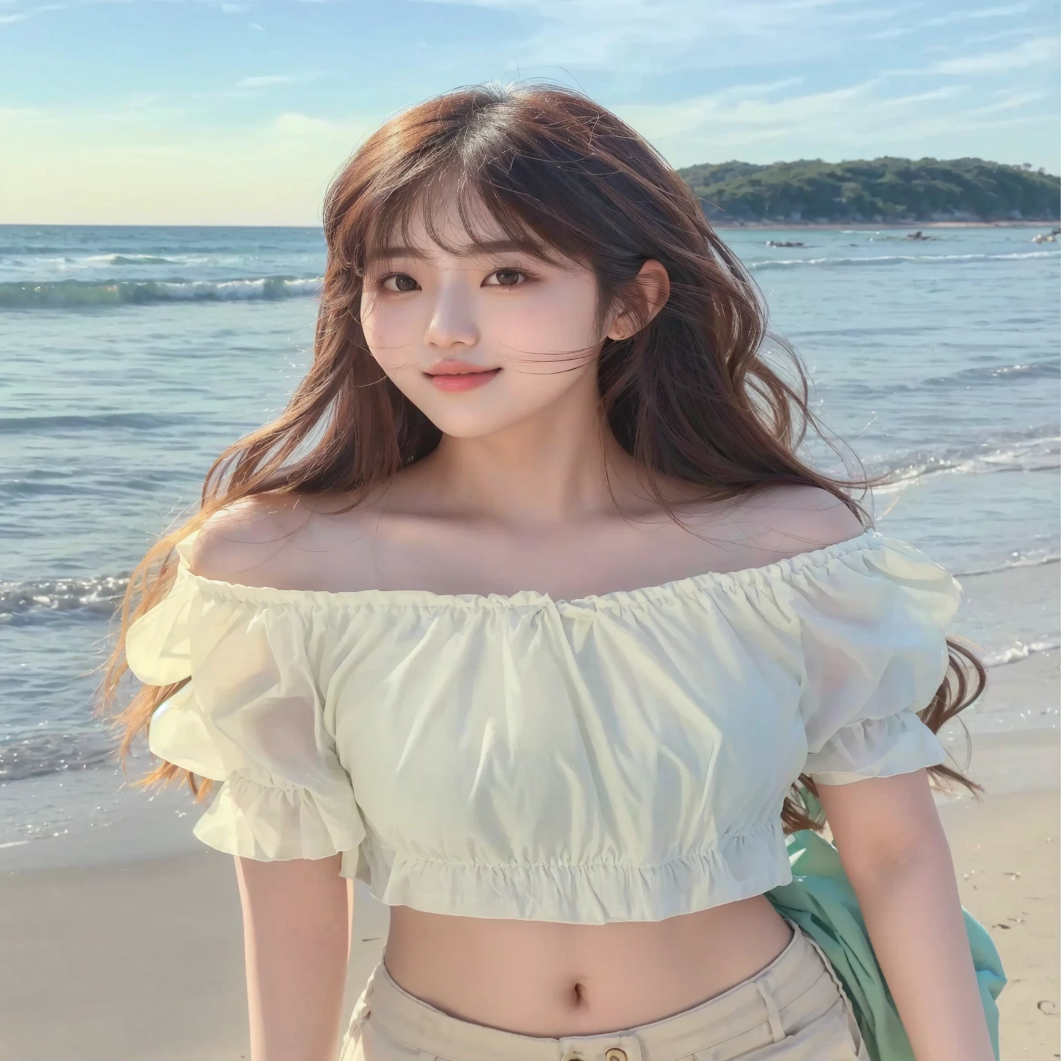 Araffe girl wearing white top and tan pants on the beach, Bae Suzy, Shin Jin Hye, Ulzan, Cui Xianhua, Nam Jae-yeon, Xuan Yunzhu, Sakimichan, Larissa Manobar, tzuyu from times, return, Lee Ji-eun, Lee Ji-eun, hair floating covereturng chest, Korean Girl