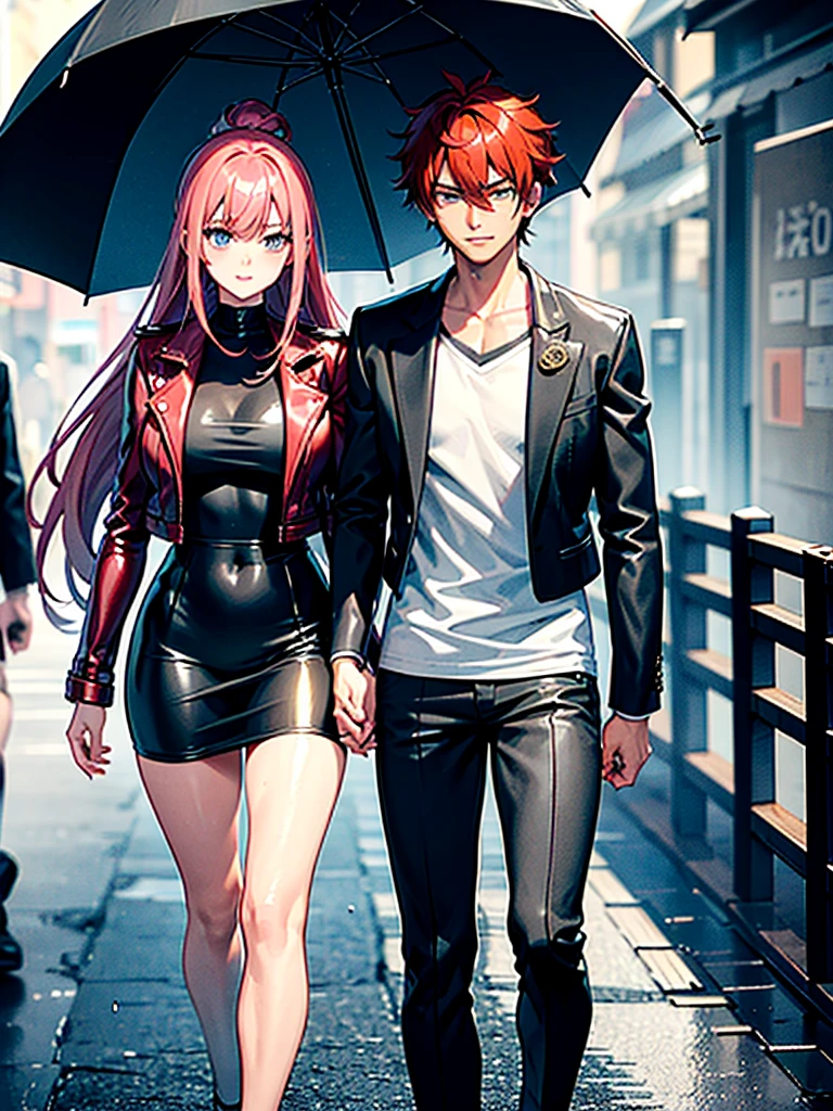 Anime Characters: Mikoto Suoh and Shikomori on a Date in rainy weather, Mikoto Suoh is holding an umbrella while Shikomori is walking with him under his umbrella, Shikomori is blushing while smiling cutely and both are little bit wet because of rain. Both are in full dress.
There is a dark rainy background with clouds.
Both are walking at the side of the road.
Mikoto Suoh is a tall, muscular man with red hair and amber eyes. He has Red hair is kept short, ruffled, and spiked, with two strands of hair near the opposite sides of his head falling over his face, as well as distinct sideburns. As a teenager, his hair, while still short and ruffled, was messier and his bangs fell across his forehead.
He wears a black, leather jacket with a fur collar and a white V-neck underneath.

Miyako Shikimori is a tall teenage girl, with extremely long, flowing, Bright Pink hair that stretches nearly to her butt, blue eyes, and pale skin.



Ultra hd image, without any detailing mistake, beautiful, masterpiece.
