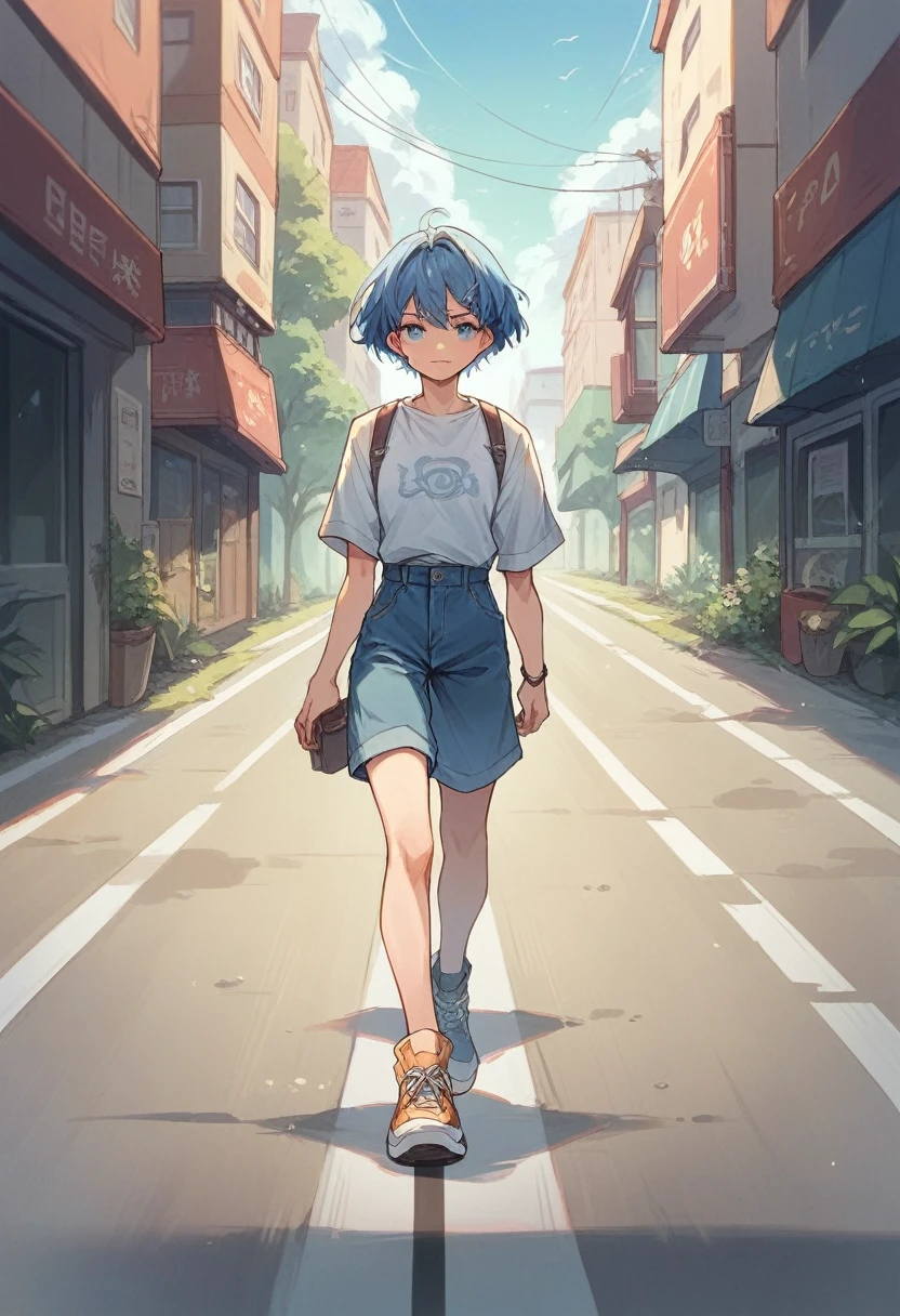 Blue hair girl on road